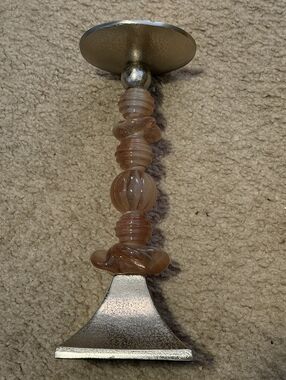 Glass Bead Accent Candle Holder in Peachy Amber and Silver